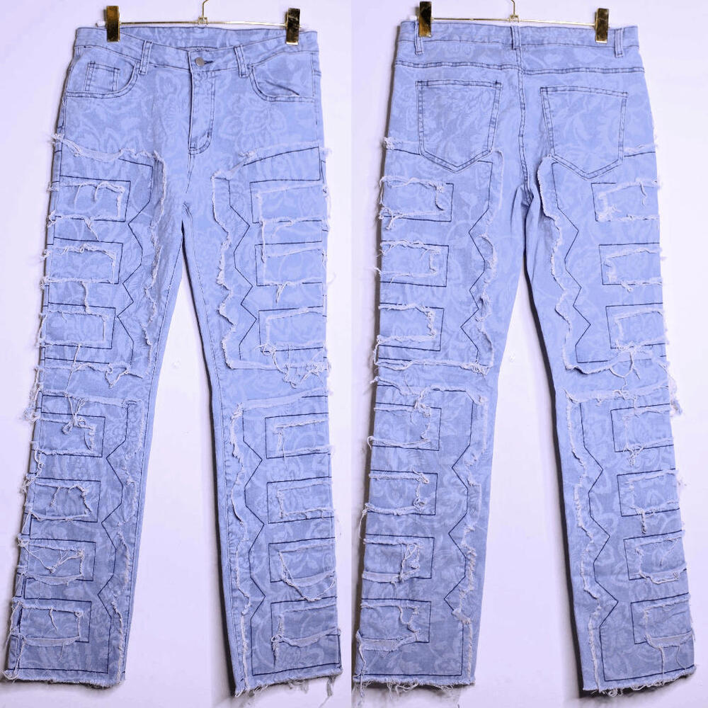 Distressed Damask Print Blue Jeans - Medium